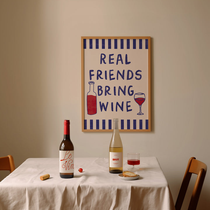 Real Friends Bring Wine Blue Illustration,dining room,timber border