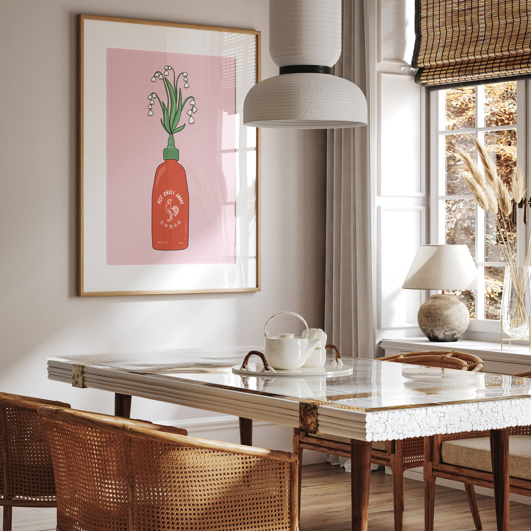 Flower Hot Sauce Kitchen Print by Lucia Sankovic,dining room,timber border