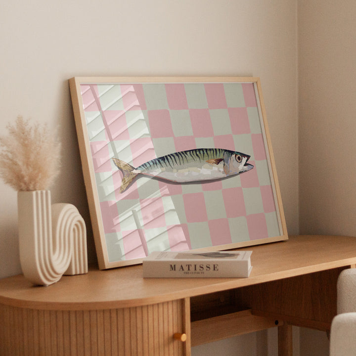 Pink Sardine Kitchen Print,livingroom,study,timber border