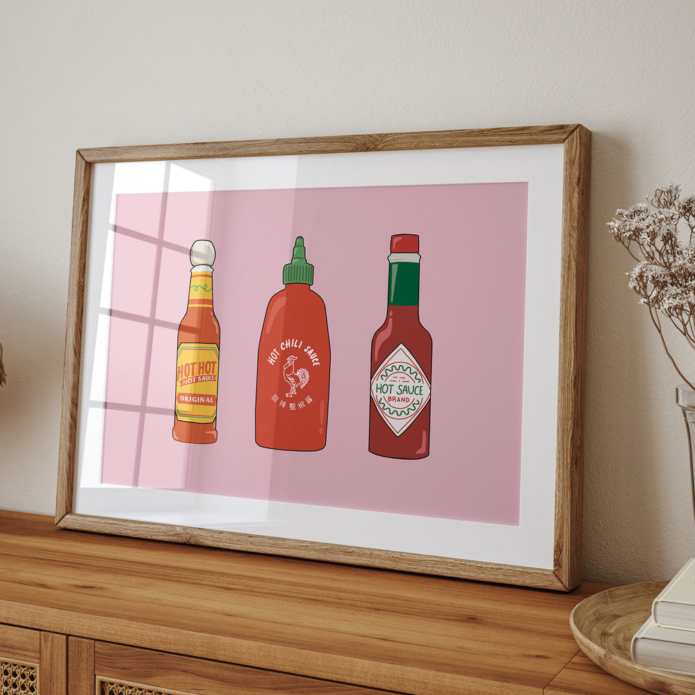 Flaming Sauces Trio by Lucia Sankovic,gallery wall,timber border