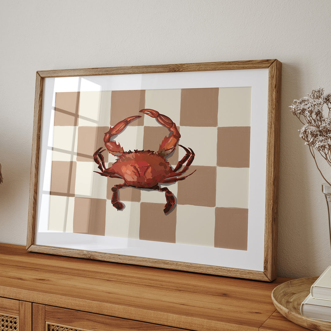 Beige Checkered Crab Wall Art,gallary wall,living room,hall way,timber border