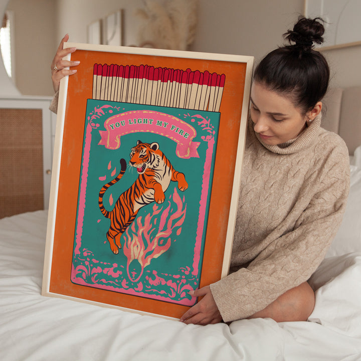 You Light My Fire Tiger Matchbox Print,bedroom,timber border