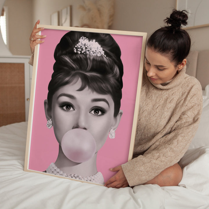 Audrey Hepburn Bubble Gum Pink Wall Art,bedroom,timber border