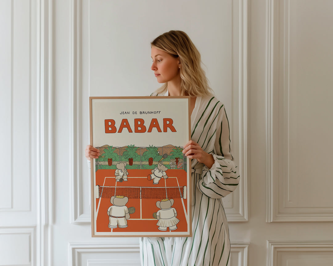 Babar Plays Tennis Kids Print,gallery,timber border