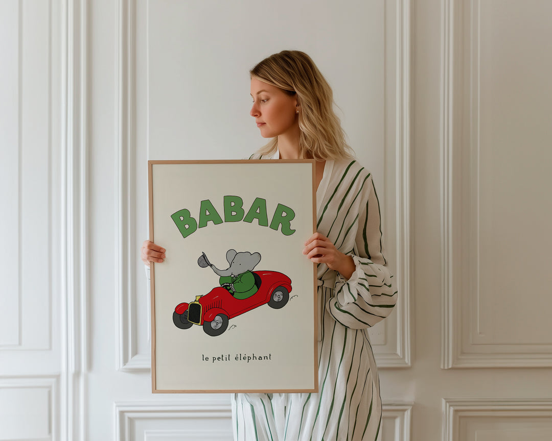 Babar Green Le Petit Elephant Nursery Print,gallery,timber border