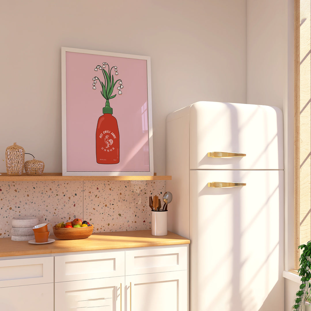 Flower Hot Sauce Kitchen Print by Lucia Sankovic,dining room,kitchen,timber border