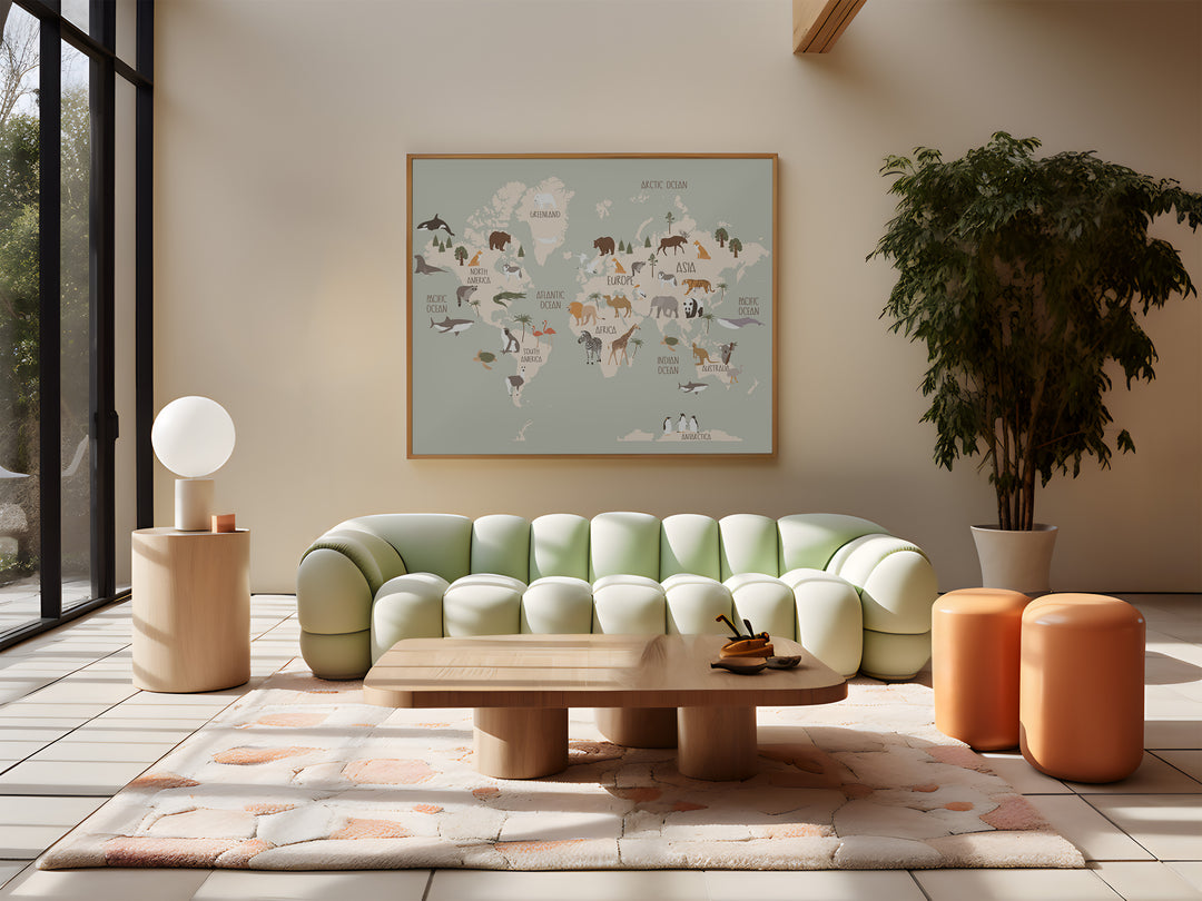 World Map of Animals Blue,living room,gallery wall,timber border