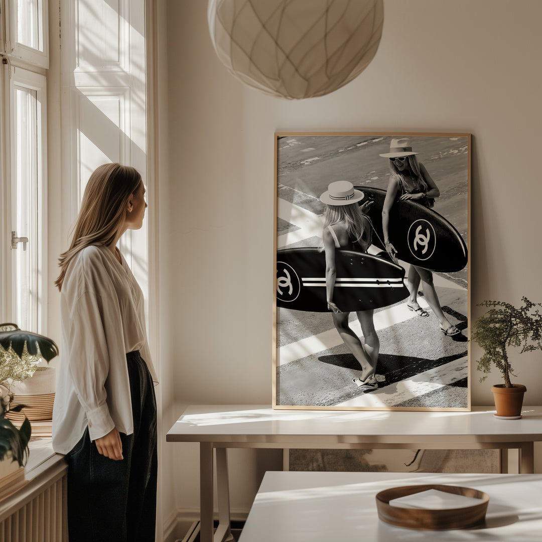 Chanel Surfer Girls Crossing Street Photograph,livingroom,timber border