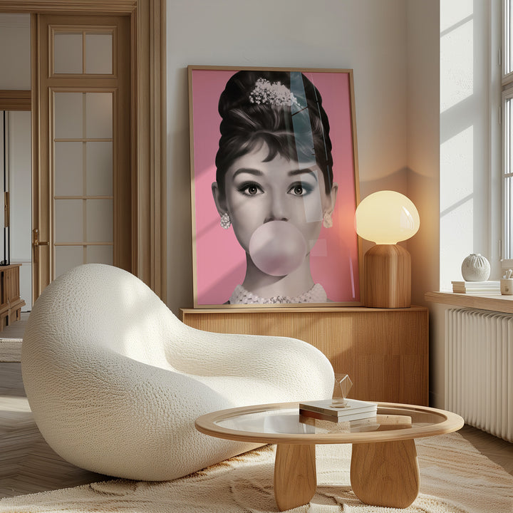 Audrey Hepburn Bubble Gum Pink Wall Art,gallery wall,timber border