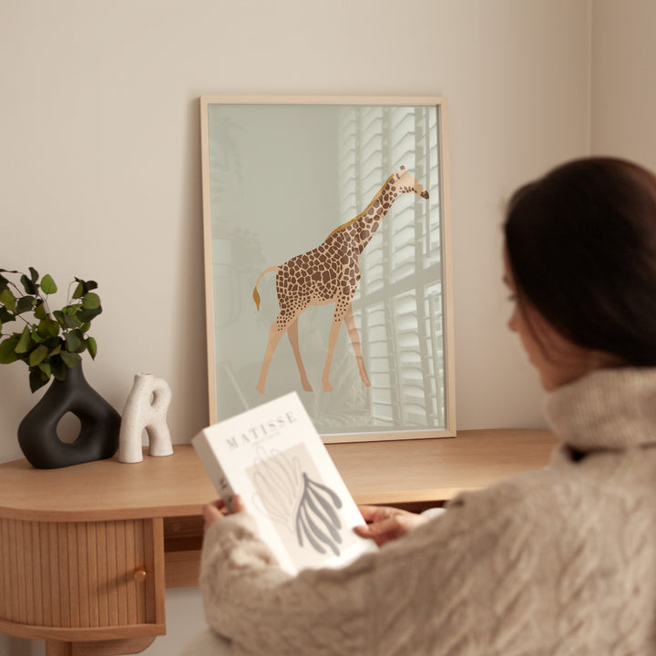 Blue Giraffe Illustration,livingroom,timber border