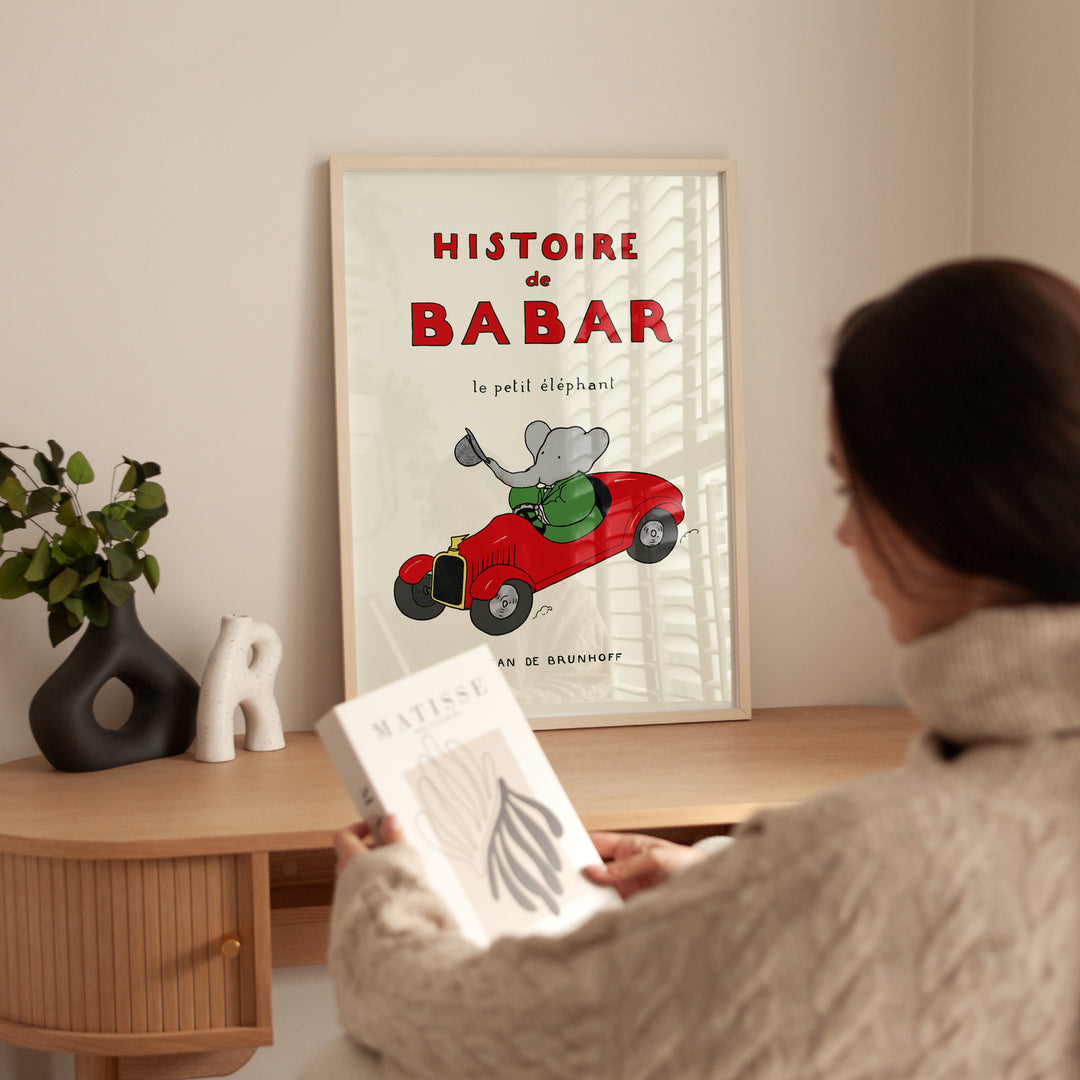 Babar Red Vintage Car Kids Print,livingroom,timber border 