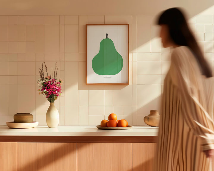 The Green Pear 1963 by Enzo Mari Wall Print,kitchen,diningroom,timber border