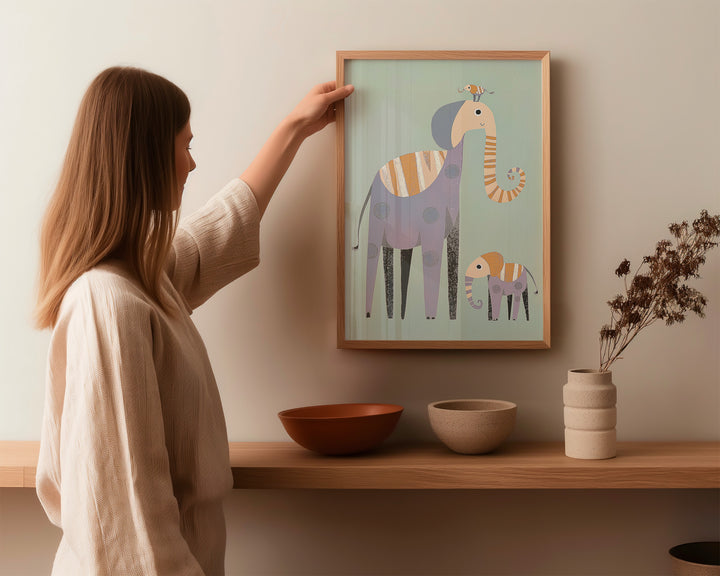 Kids Elephant Illustration Art,gallery wall,timber border