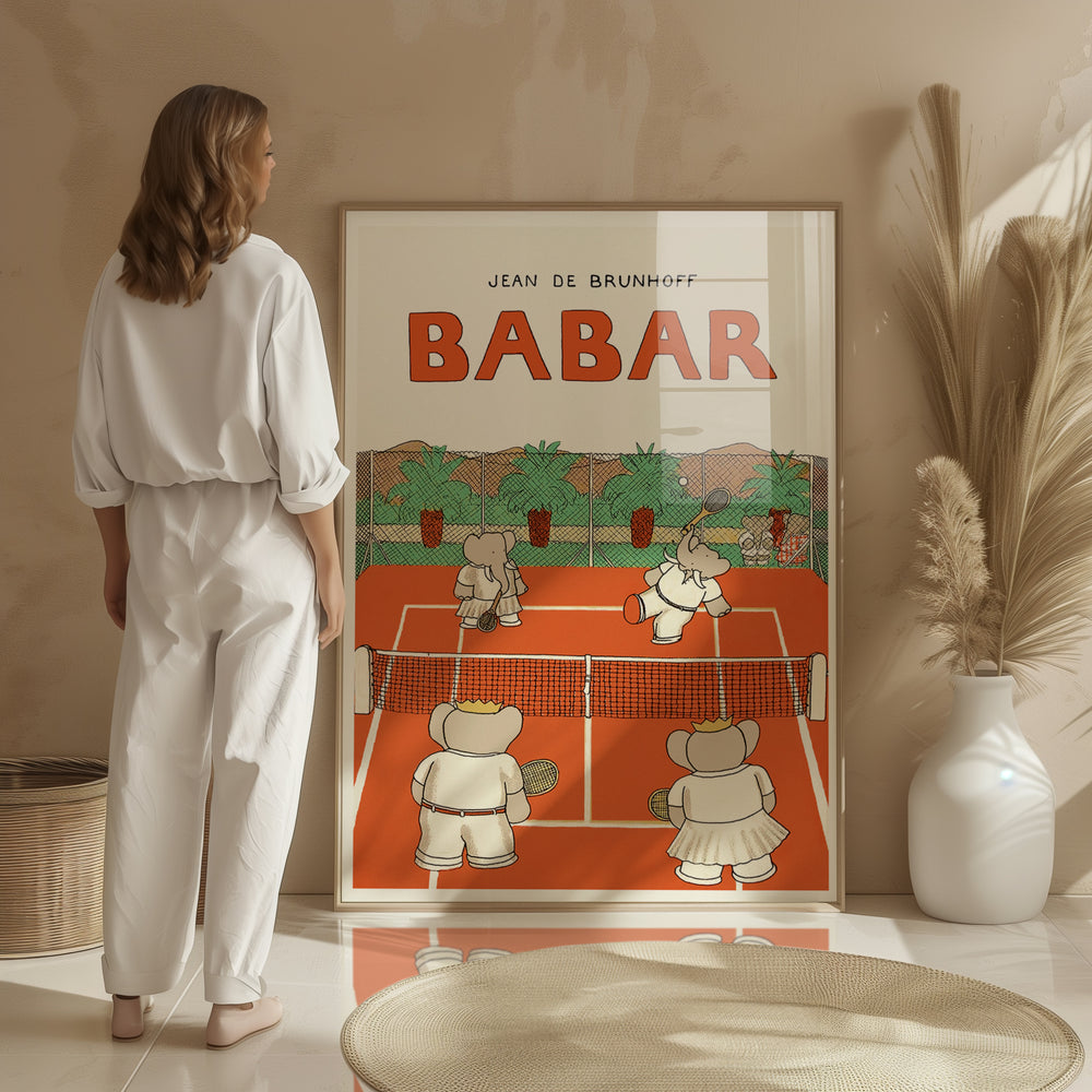 Babar Plays Tennis Kids Print,gallery,timber border