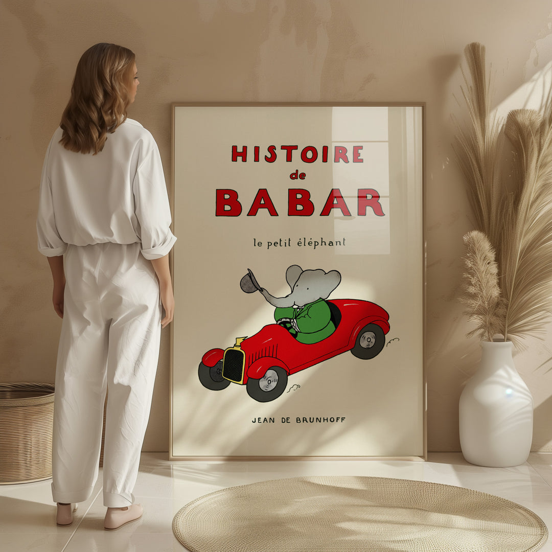 Babar Red Vintage Car Kids Print,gallery,hallway,timber border 