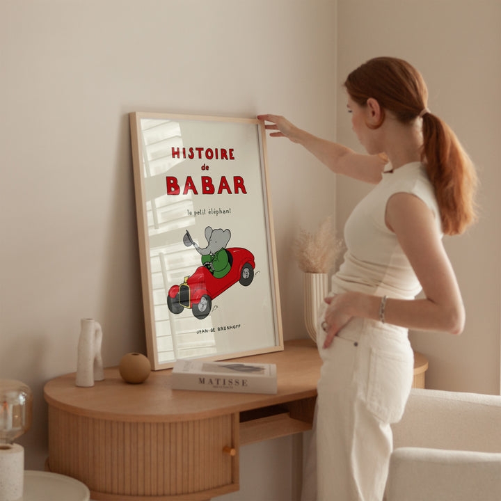 Babar Red Vintage Car Kids Print,bedroom,timber border 