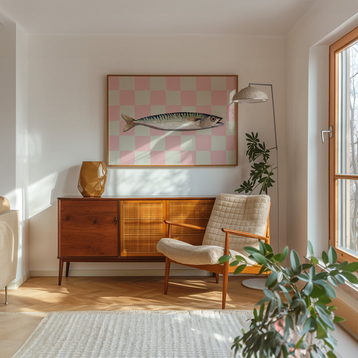 Pink Sardine Kitchen Print,livingroom,study,timber border