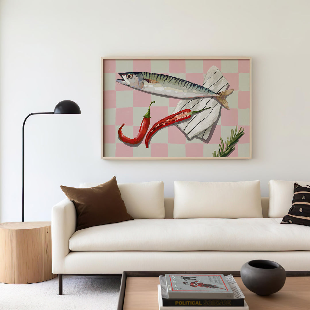 Chilli Fish Illustration Print,gallery wall,livingroom,timber border