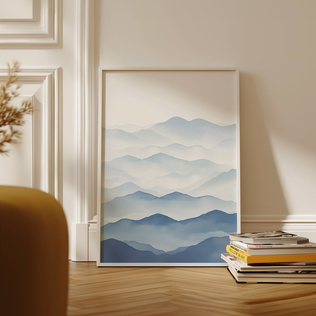 Abstract Blue Mountain Waves Artwork,dining room,timber border