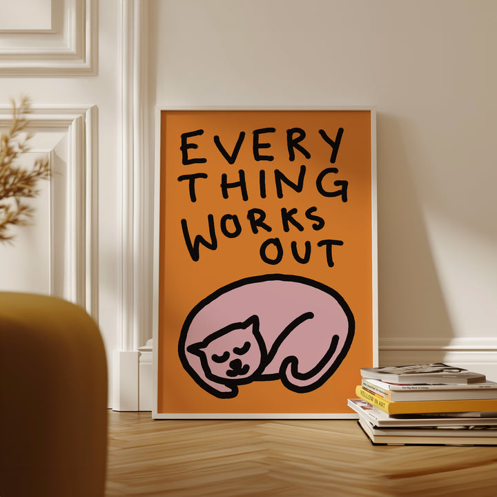 Everything Works Out Cat Sleeping Print,living room,white border