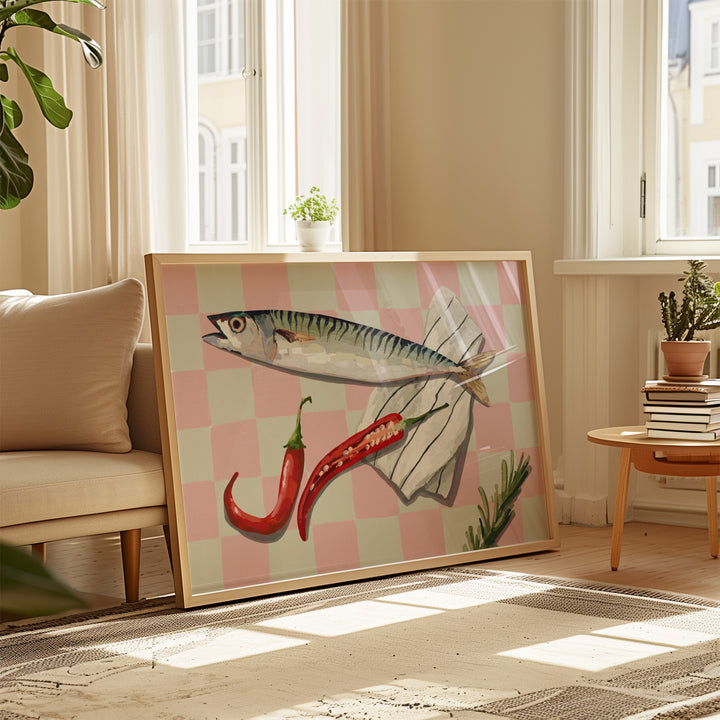 Chilli Fish Illustration Print,gallery wall,livingroom,hallway,timber border