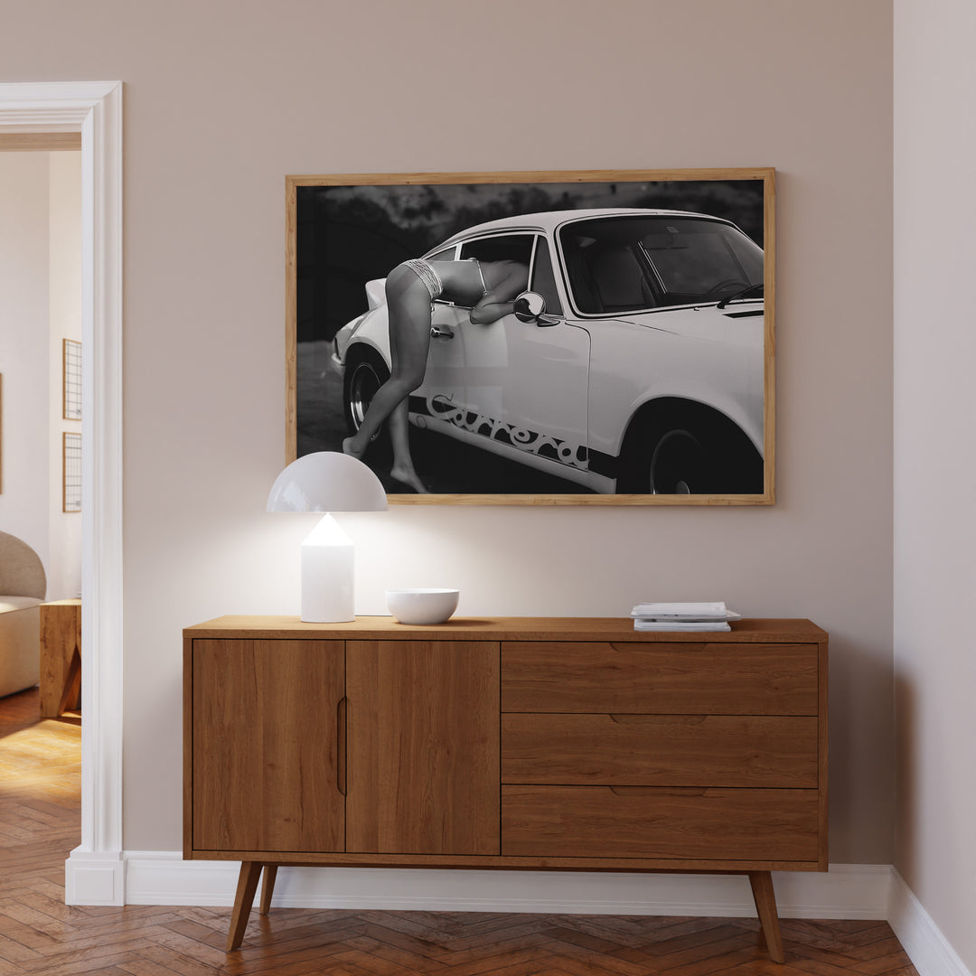 Porsche Carrera Woman Photgraphy Wall Art,living room,gallery wall,timber border