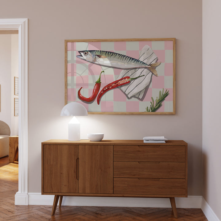 Chilli Fish Illustration Print,gallery wall,livingroom,timber border