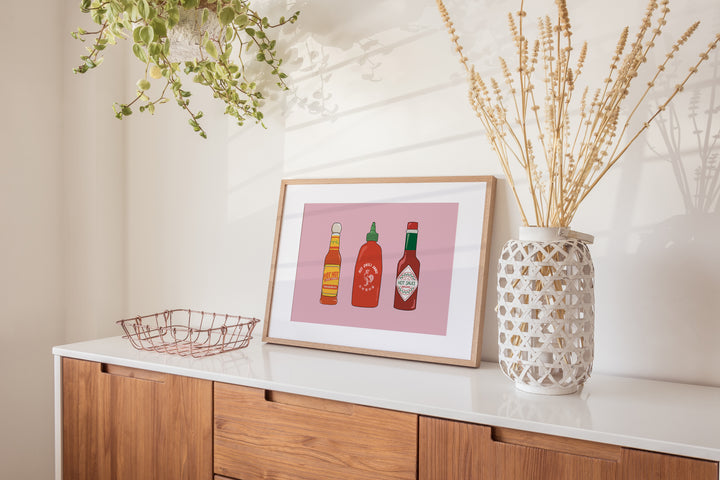 Flaming Sauces Trio by Lucia Sankovic,hallway,gallery wall,timber border