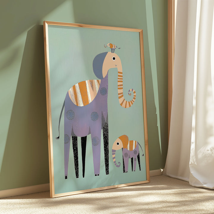 Kids Elephant Illustration Art,gallery wall,timber border