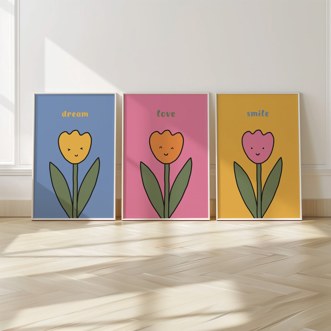 3 Flower Smiling Nursery Prints by Lucia Sankovic - Style My Wall