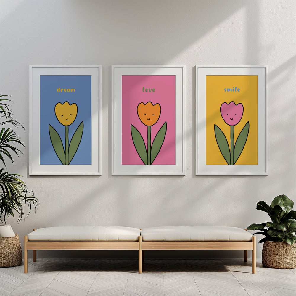 3 Flower Smiling Nursery Prints by Lucia Sankovic - Style My Wall