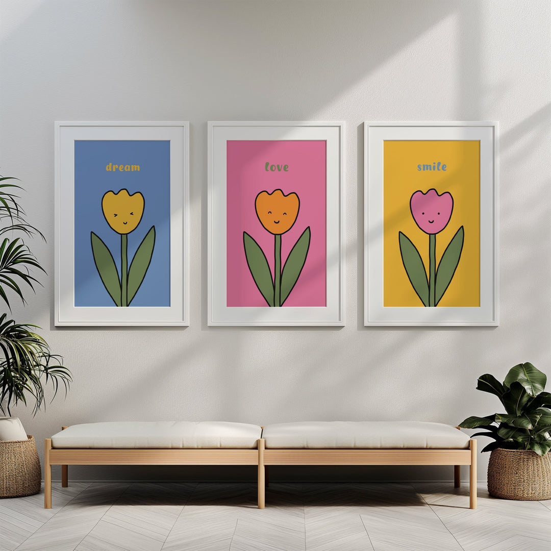 3 Flower Smiling Nursery Prints by Lucia Sankovic - Style My Wall