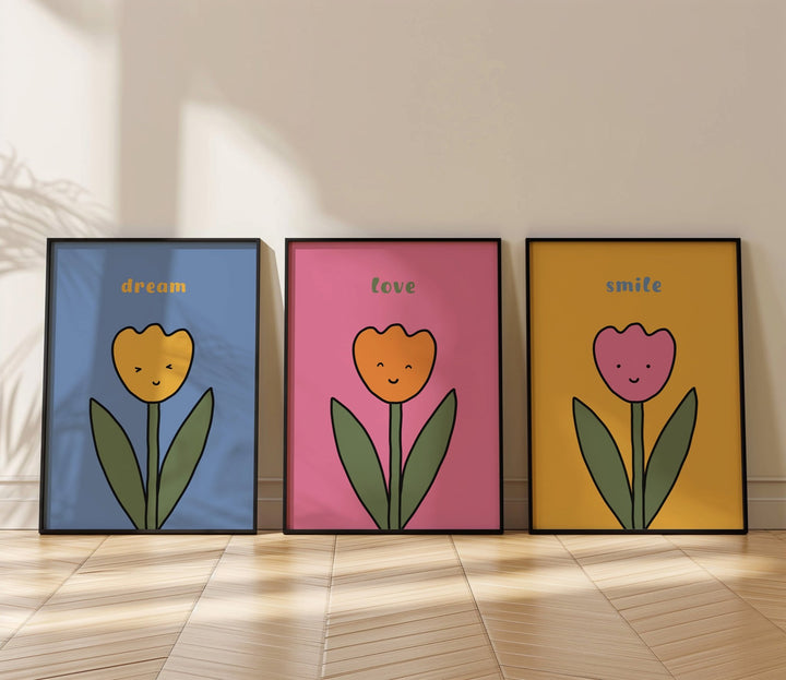 3 Flower Smiling Nursery Prints by Lucia Sankovic - Style My Wall