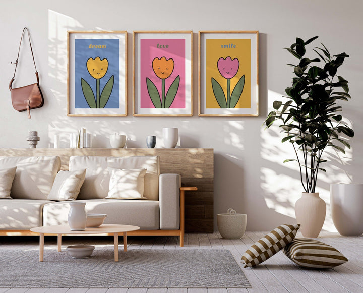 3 Flower Smiling Nursery Prints by Lucia Sankovic - Style My Wall