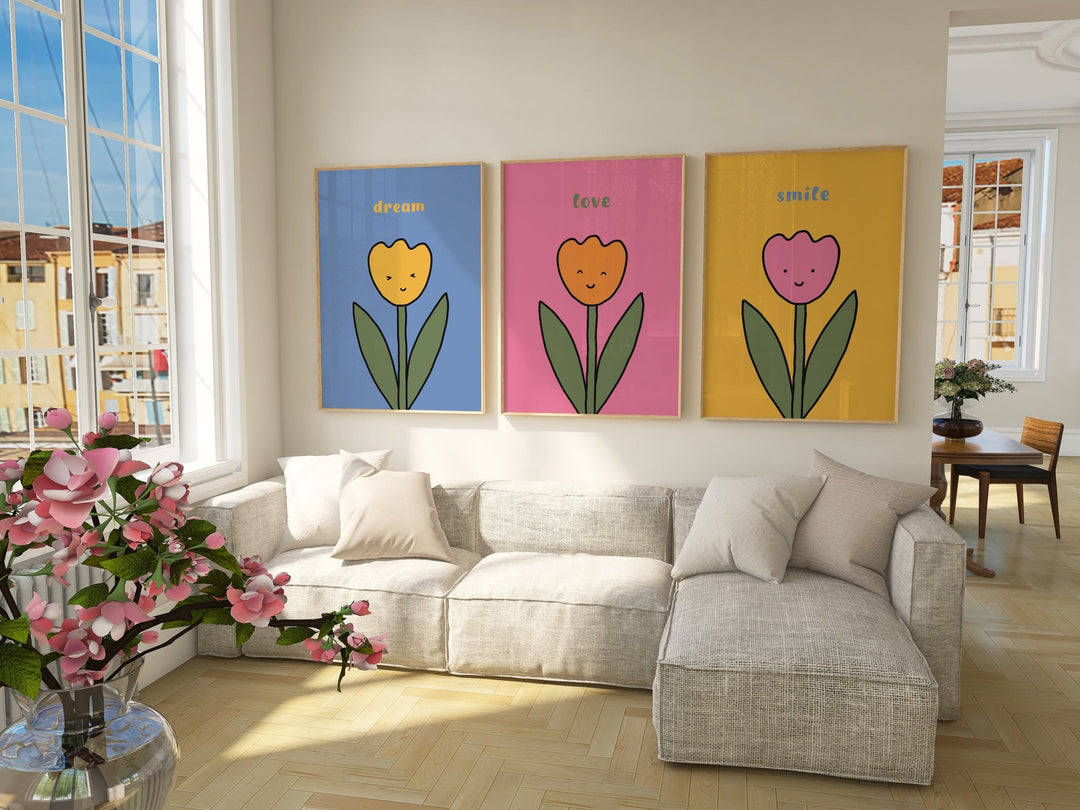 3 Flower Smiling Nursery Prints by Lucia Sankovic - Style My Wall