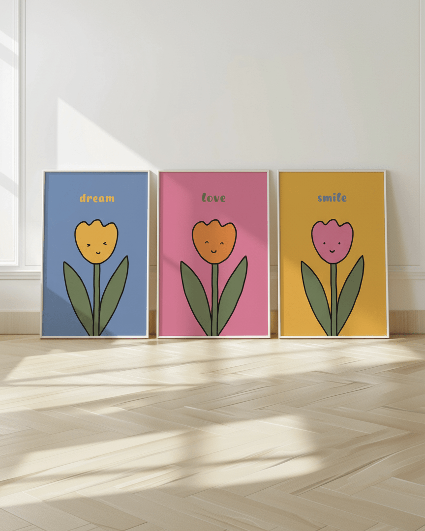 3 Flower Smiling Nursery Prints Trio by Lucia Sankovic wall - art - picture - poster