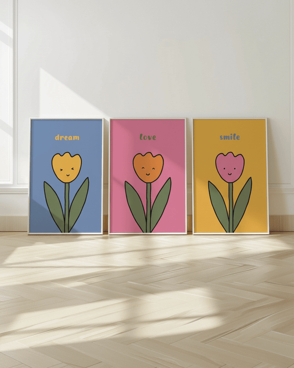 3 Flower Smiling Nursery Prints Trio by Lucia Sankovic | Art & Canvas Print