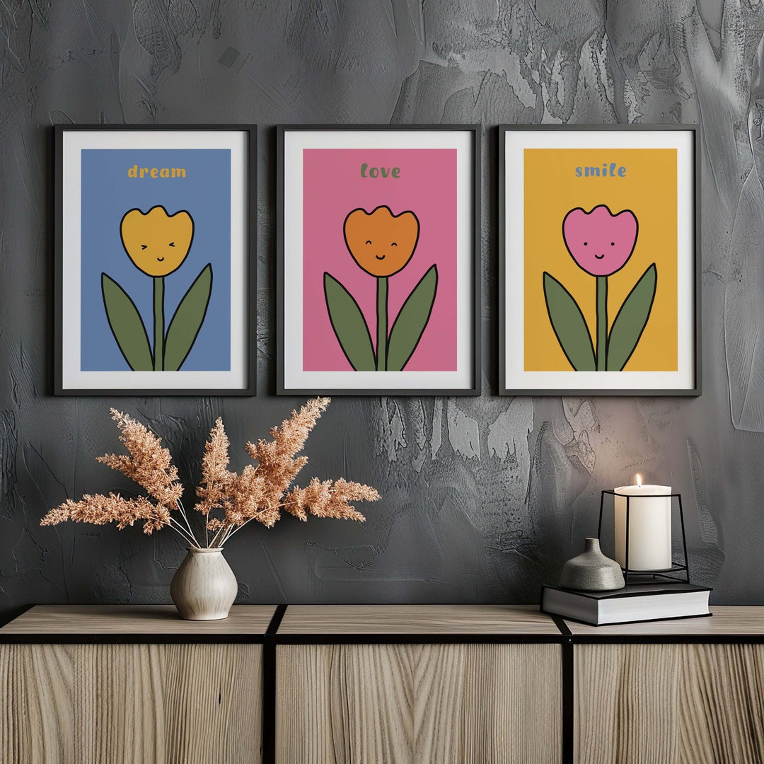 3 Flower Smiling Nursery Prints by Lucia Sankovic - Style My Wall