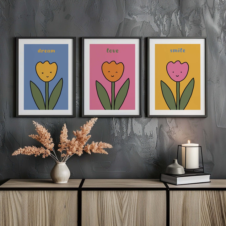3 Flower Smiling Nursery Prints by Lucia Sankovic - Style My Wall
