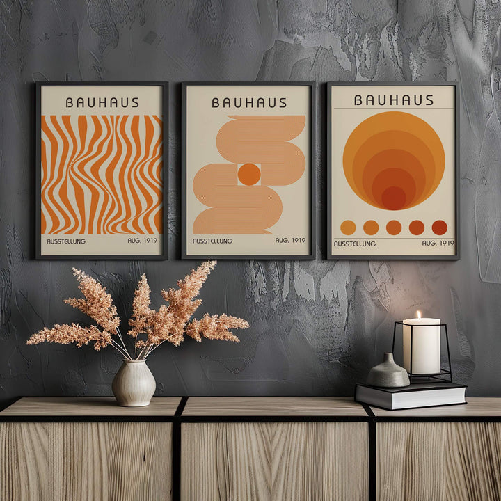 Bauhaus Orange Trio Abstract Wall Art Set