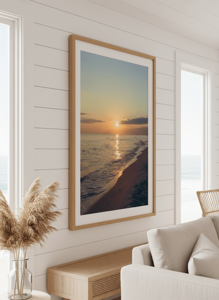 Neutral wall art displayed in a sunny coastal beach house