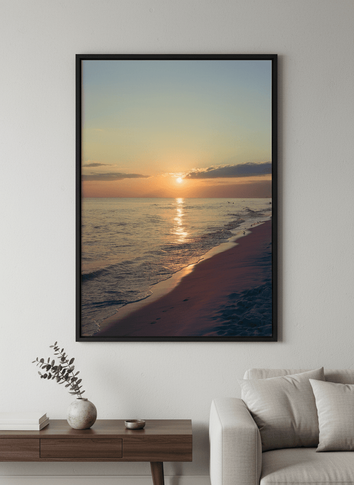 Modern wall art styled above a sofa in a neutral living room