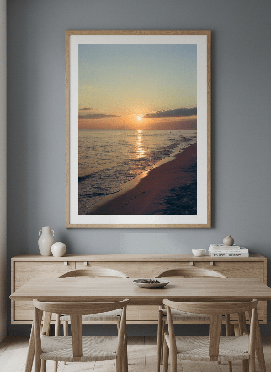 Wall art styled above a dining table in a contemporary home