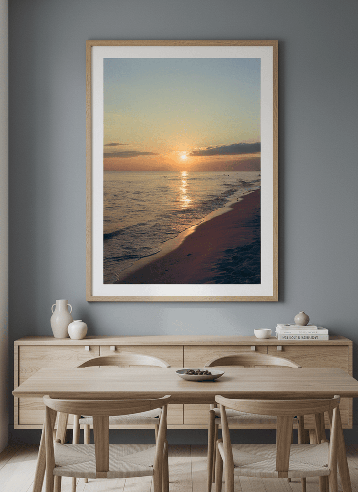 Wall art styled above a dining table in a contemporary home