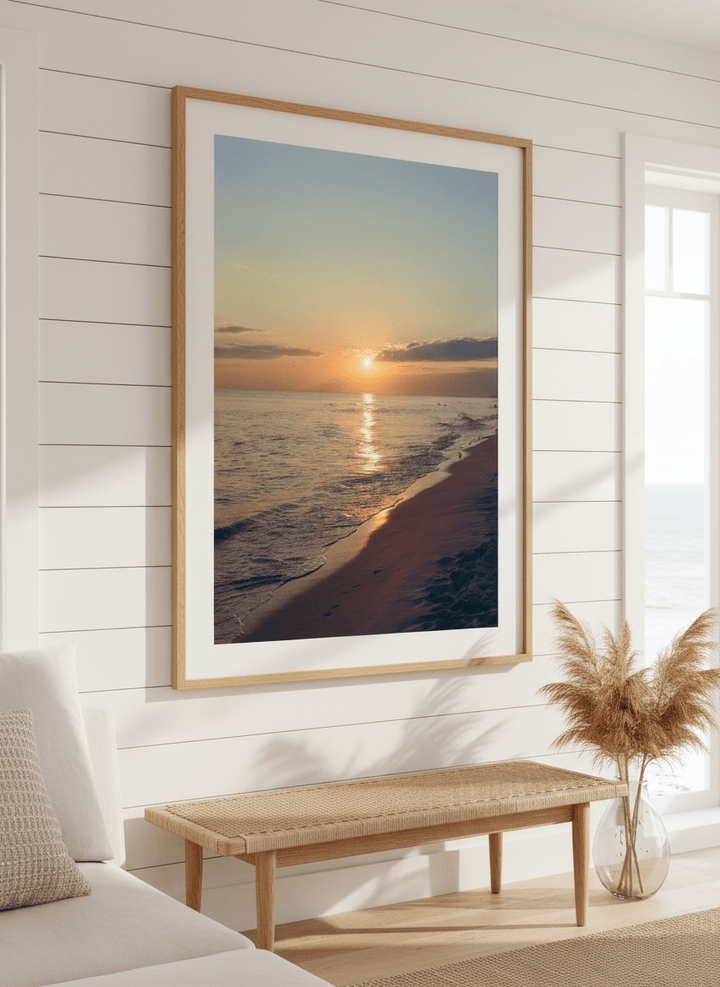 Neutral wall art displayed in a sunny coastal beach house