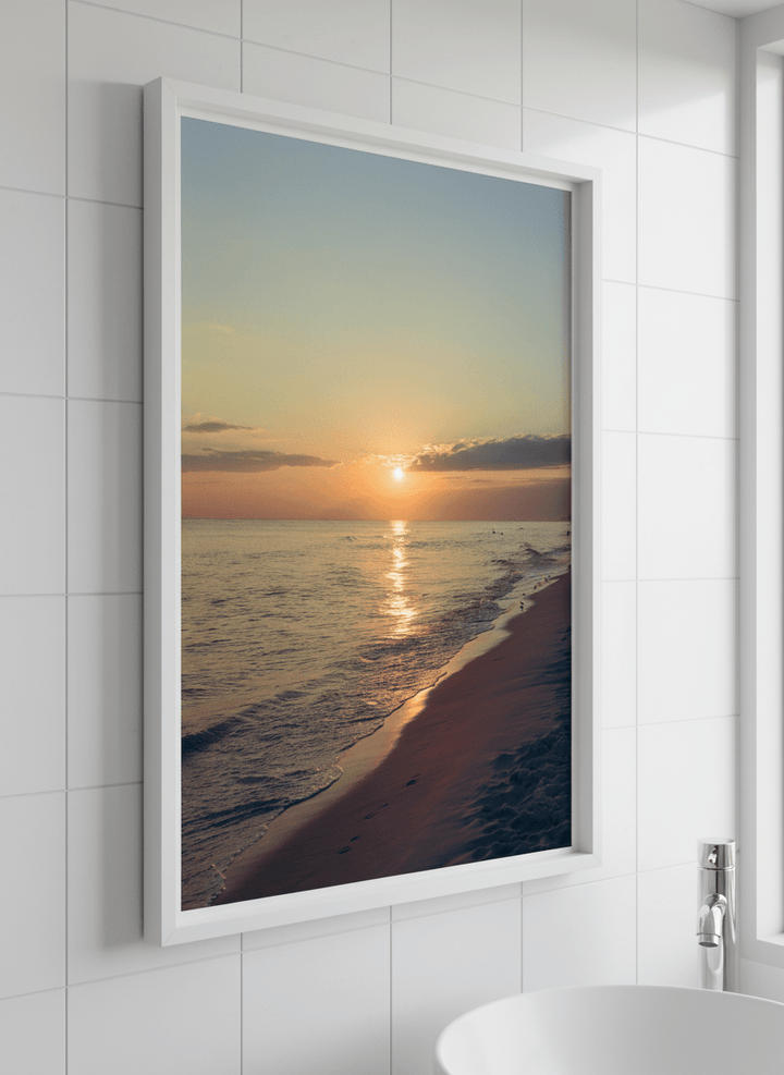 Modern print displayed in a clean minimalist bathroom setting