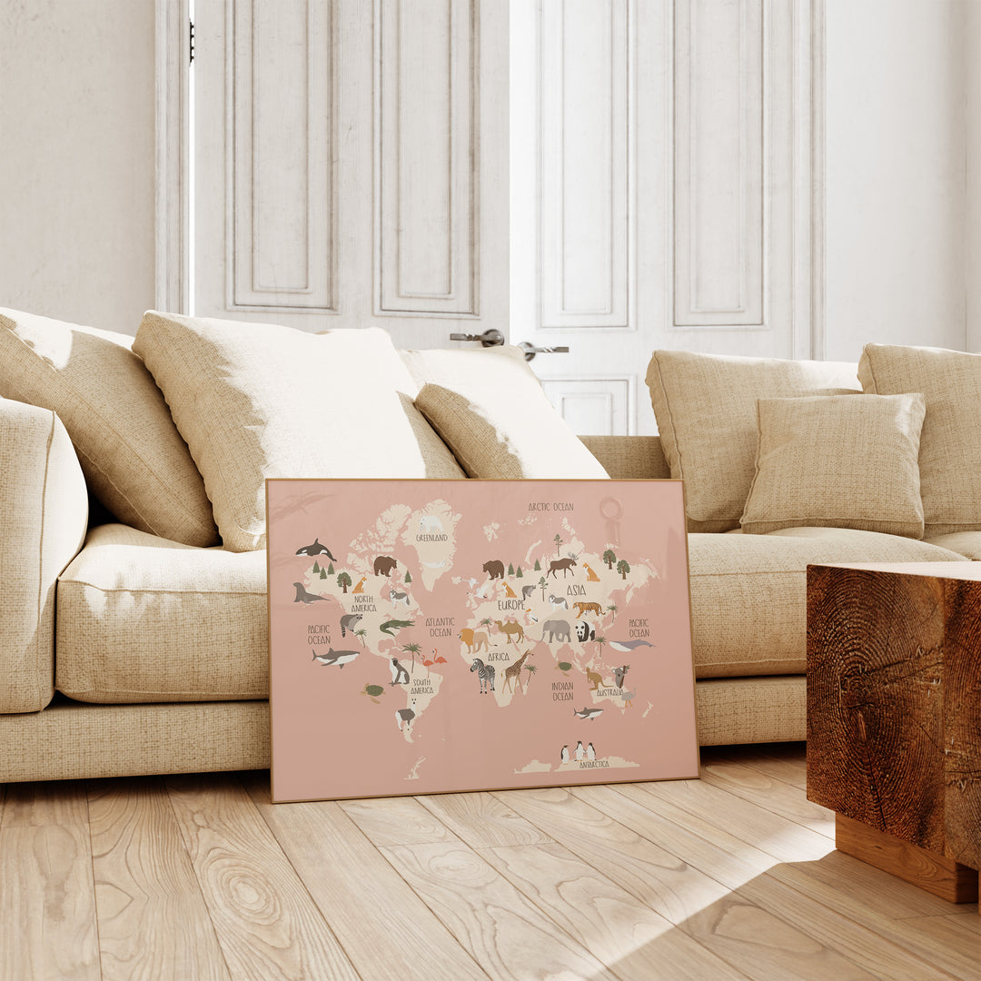 World Map of Animals Pink,living room,timber border