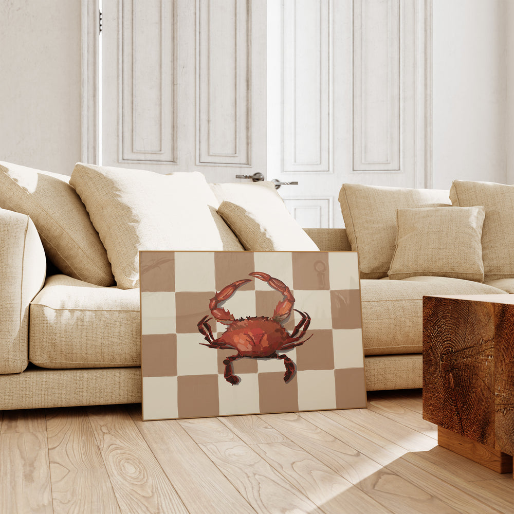 Beige Checkered Crab Wall Art,gallary wall,living room,timber border