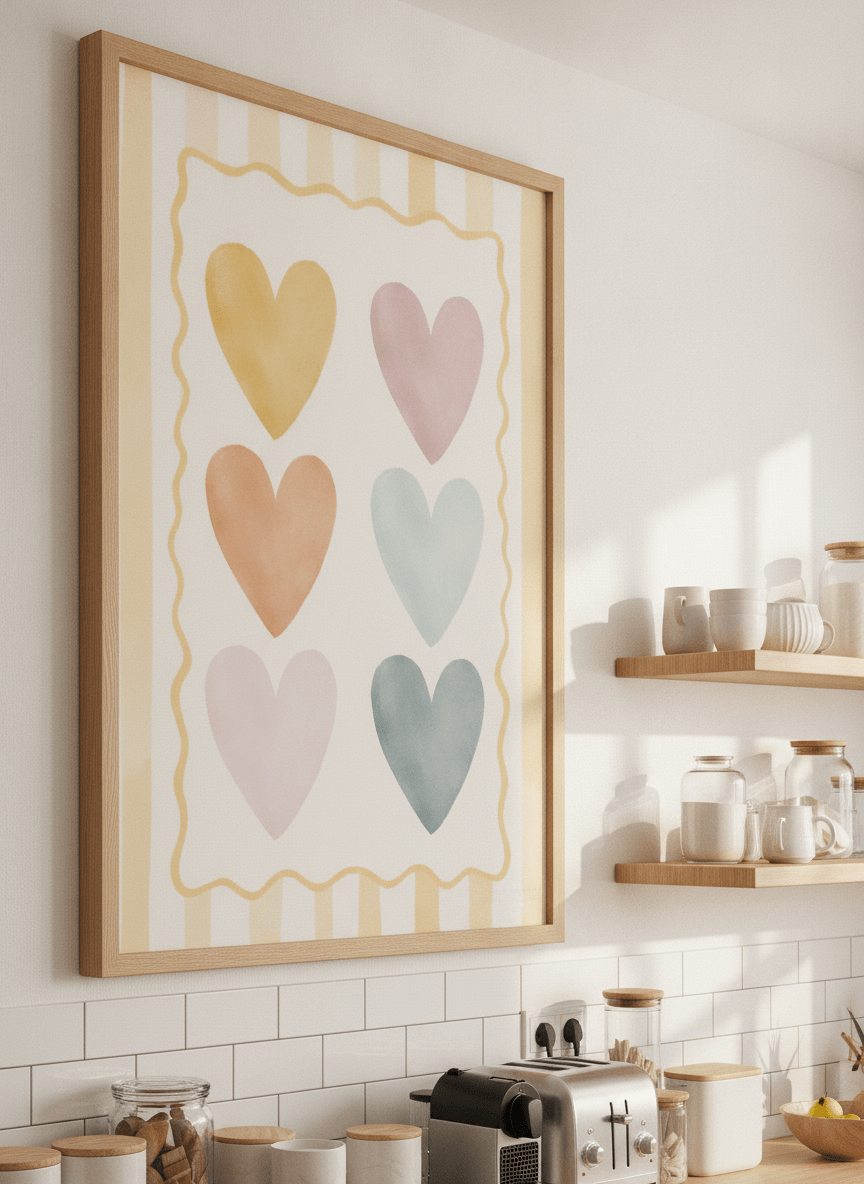 Artwork styled on the wall of a bright modern kitchen
