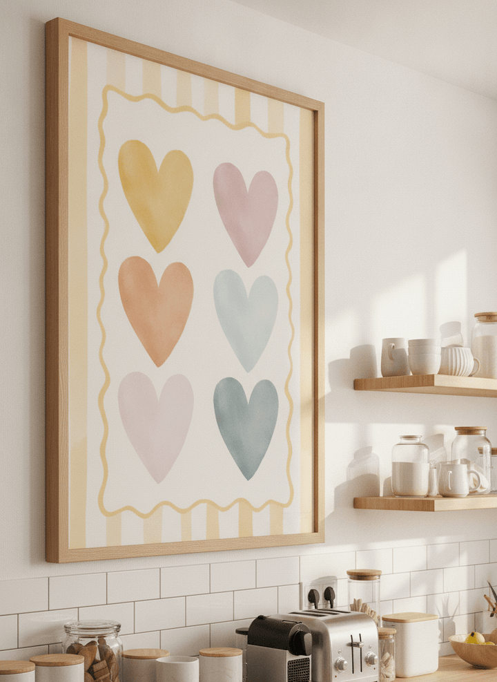 Artwork styled on the wall of a bright modern kitchen